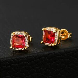 14K Gold Mens Square 2ct Red Ruby Gemstone 1ct Diamond Stud Earrings Jewelry NEW